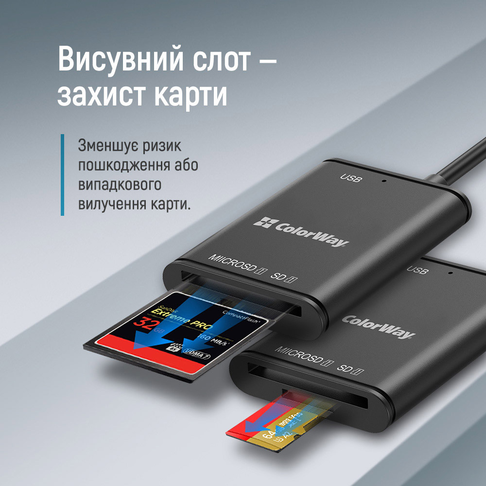 В Фокстрот Картридер COLORWAY USB-C - USB 3.0/SD/MicroSD Black (CW-CR-02)