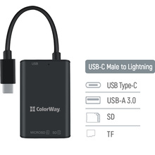 Картридер COLORWAY USB-C - USB 3.0/SD/MicroSD Black (CW-CR-02)