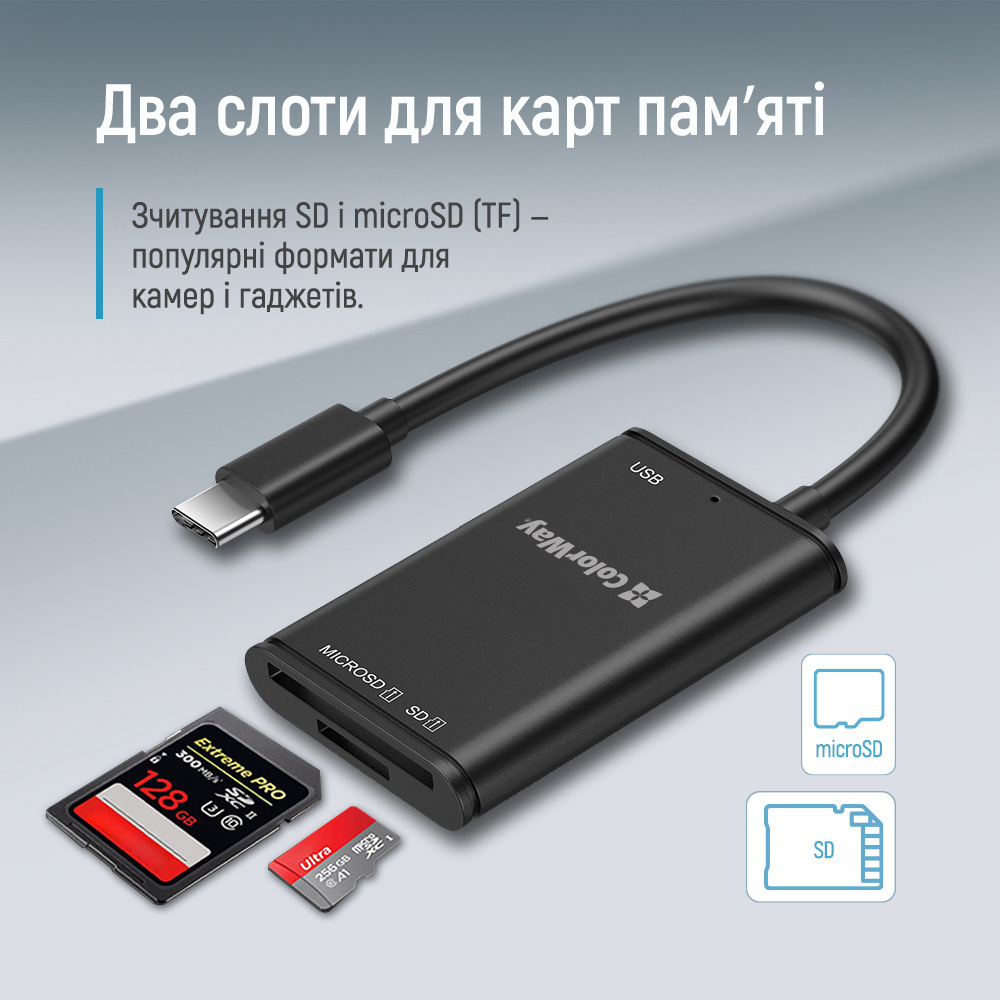 Изображение Картридер COLORWAY USB-C - USB 3.0/SD/MicroSD Black (CW-CR-02)