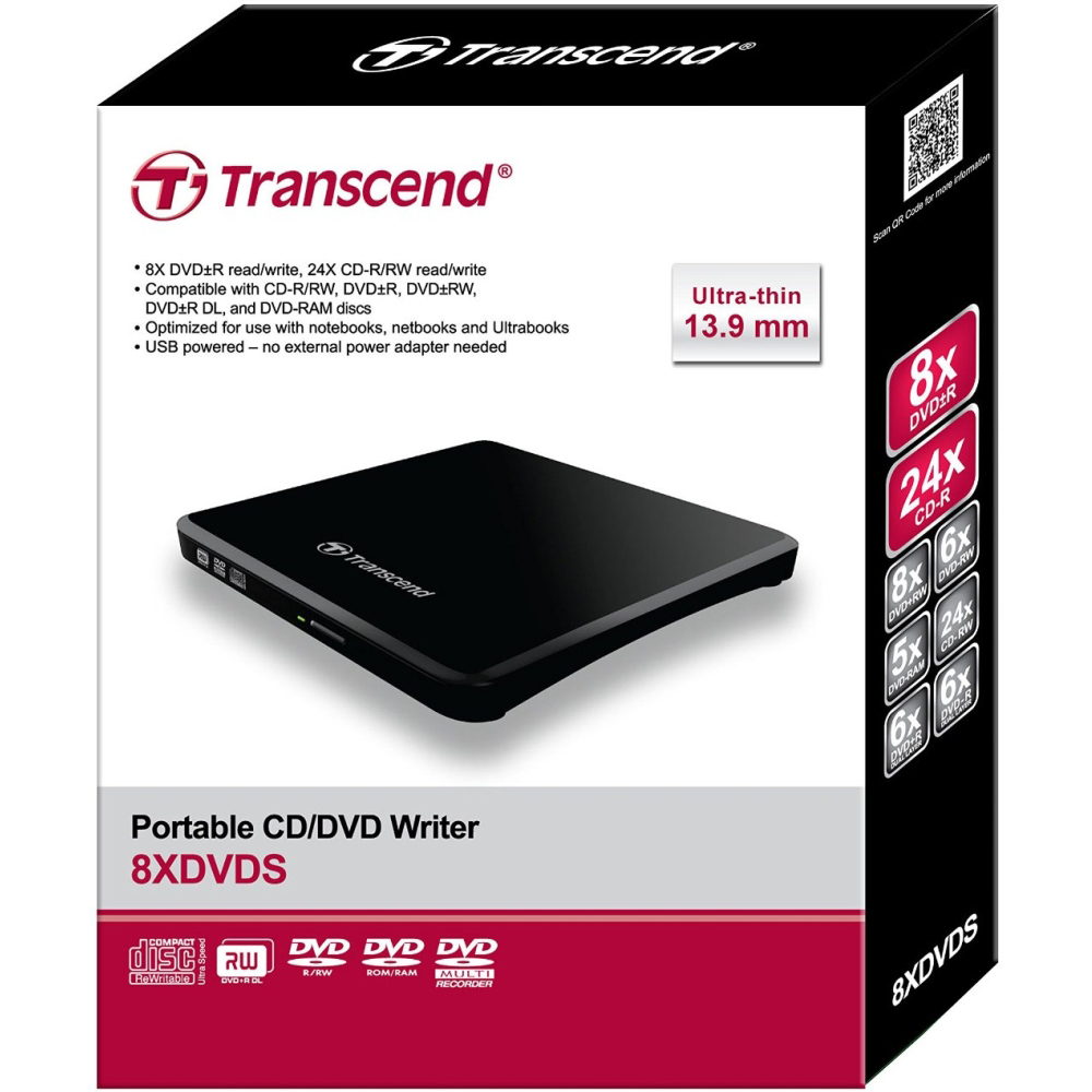 Оптичний привід TRANSCEND TS8XDVDS-K Ultra Slim Black USB 2.0 Ret Інтерфейс підключення USB 2.0