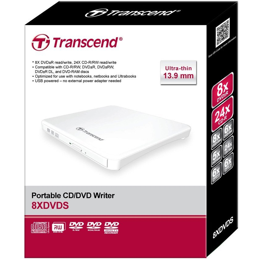 Оптичний привід TRANSCEND TS8XDVDS-W Ultra Slim White USB 2.0 Ret Інтерфейс підключення USB 2.0