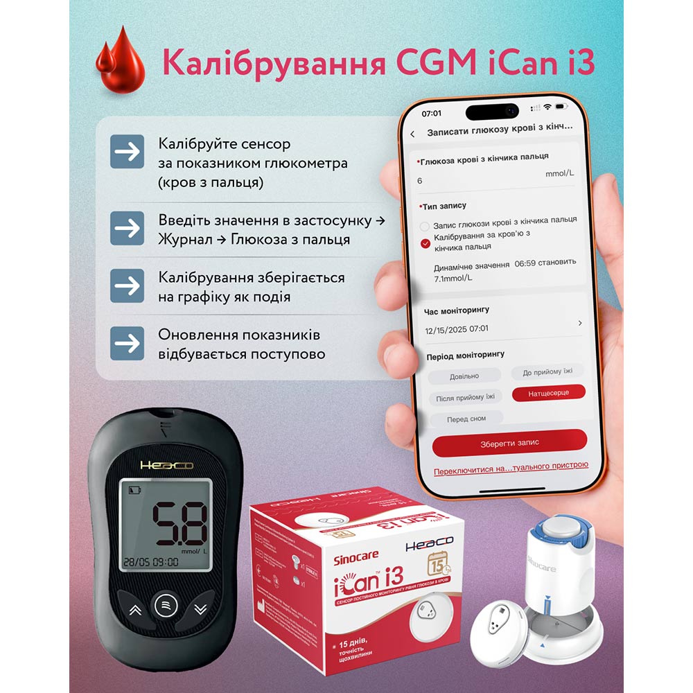 Сенсор безперервного моніторингу глюкози у крові HEACO CGM Sinocare iCan 3 (i3) Додатково тривалість експлуатації сенсора: один цикл користування –15 днів; водостійкість: IP28, занурення до 2,5 м (не більше 2 годин); діапазон передачі даних Bluetooth: 6 м без перешкод
