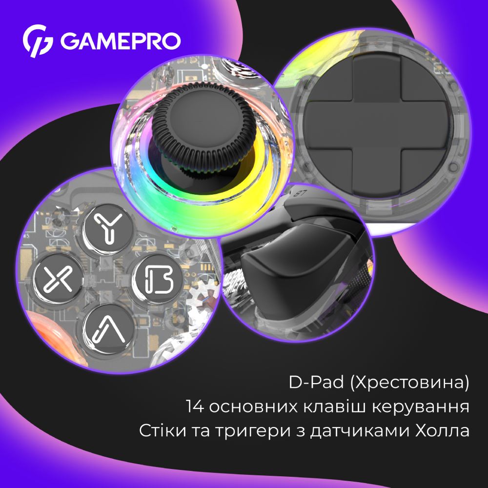 У Фокстрот Геймпад GAMEPRO GPX13T 2.4G/BT 5.1/USB RGB Transparent