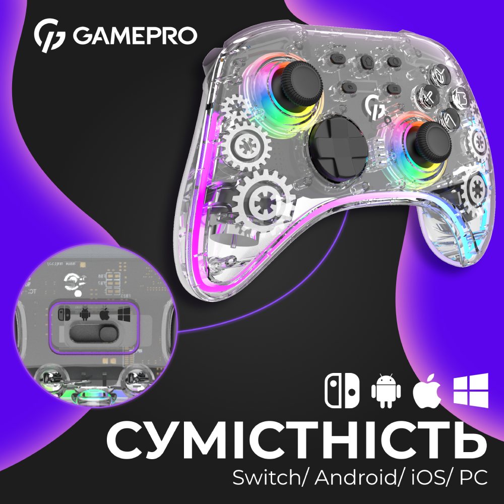 Фото Геймпад GAMEPRO GPX13T 2.4G/BT 5.1/USB RGB Transparent