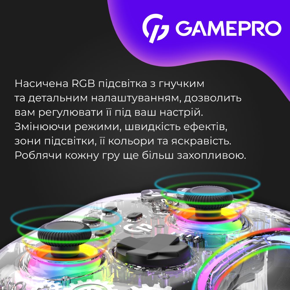 В інтернет магазині Геймпад GAMEPRO GPX13T 2.4G/BT 5.1/USB RGB Transparent