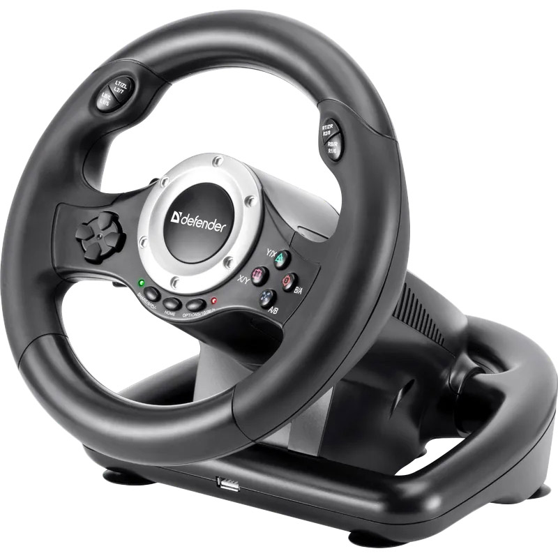 Руль DEFENDER Turbo Pro (64291) Дополнительно Два подрулевых переключателя; D-Pad: 8-позиционный; Угол поворота рулевого колеса: 180° Тип датчика: резистивный; Длина кабеля для педалей: 1.6 м; Крепление: присоски; струбцины; Длина кабеля: 2 м; Покрытие руля: резиновое