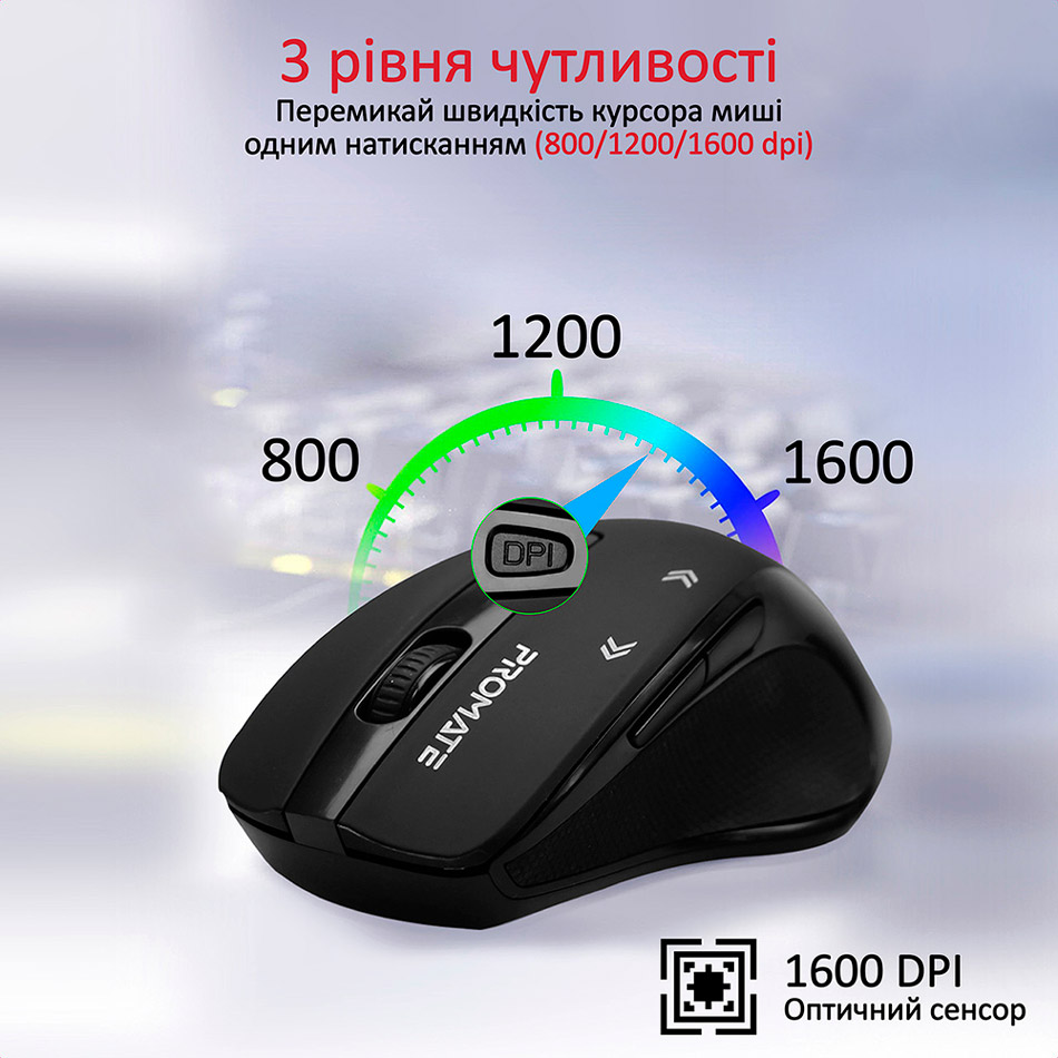 Мышь PROMATE Cursor Wireless Black (cursor.black) Тип подключения беспроводное