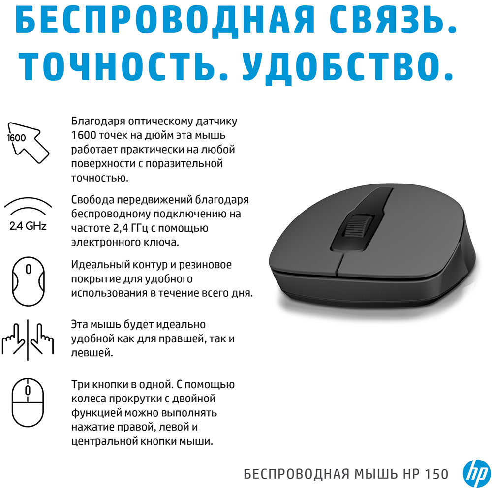 Мышь HP 150 Wireless (2S9L1AA) Тип сенсора оптический