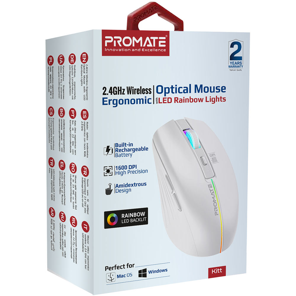 Мышь PROMATE Kitt Wireless White (kitt.white) Комплектация Мышь, USB нано-приемник, Кабель зарядный USB-A/USB-C&nbsp; (0.8 м), Руководство по эксплуатации