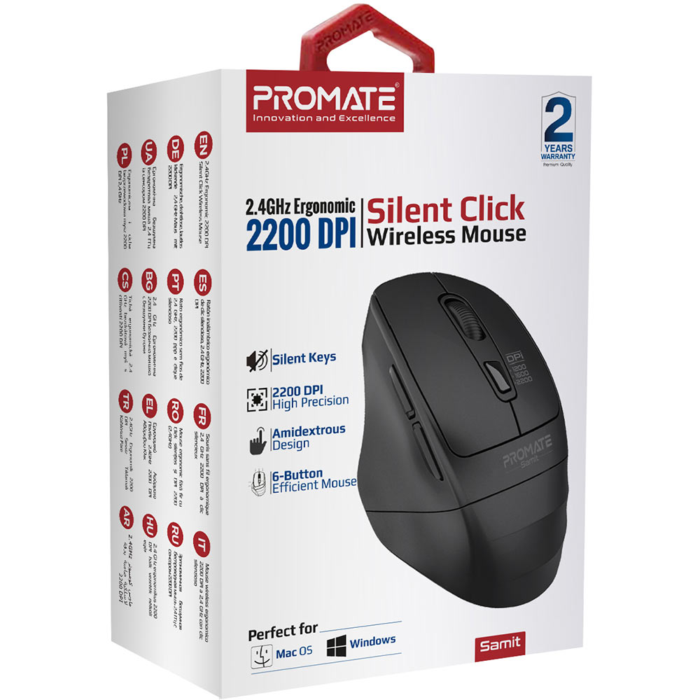 Миша PROMATE Samit Wireless Black (samit.black) Комплектація Миша, USB нано-приймач, 1 x батарейка AA, Інструкція з експлуатації