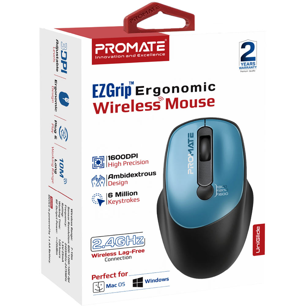 Мышь PROMATE Uniglide Wireless Blue (uniglide.blue) Комплектация Мышка UniGlide, USB нано-приемник, 1хАА батарейка, Инструкция по эксплуатации