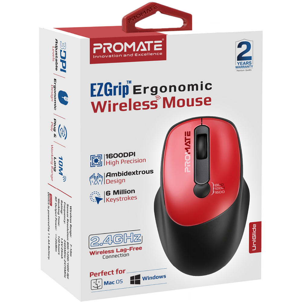 Мышь PROMATE Uniglide Wireless Red (uniglide.red) Комплектация Мышка UniGlide, USB нано-приемник, 1хАА батарейка, Инструкция по эксплуатации