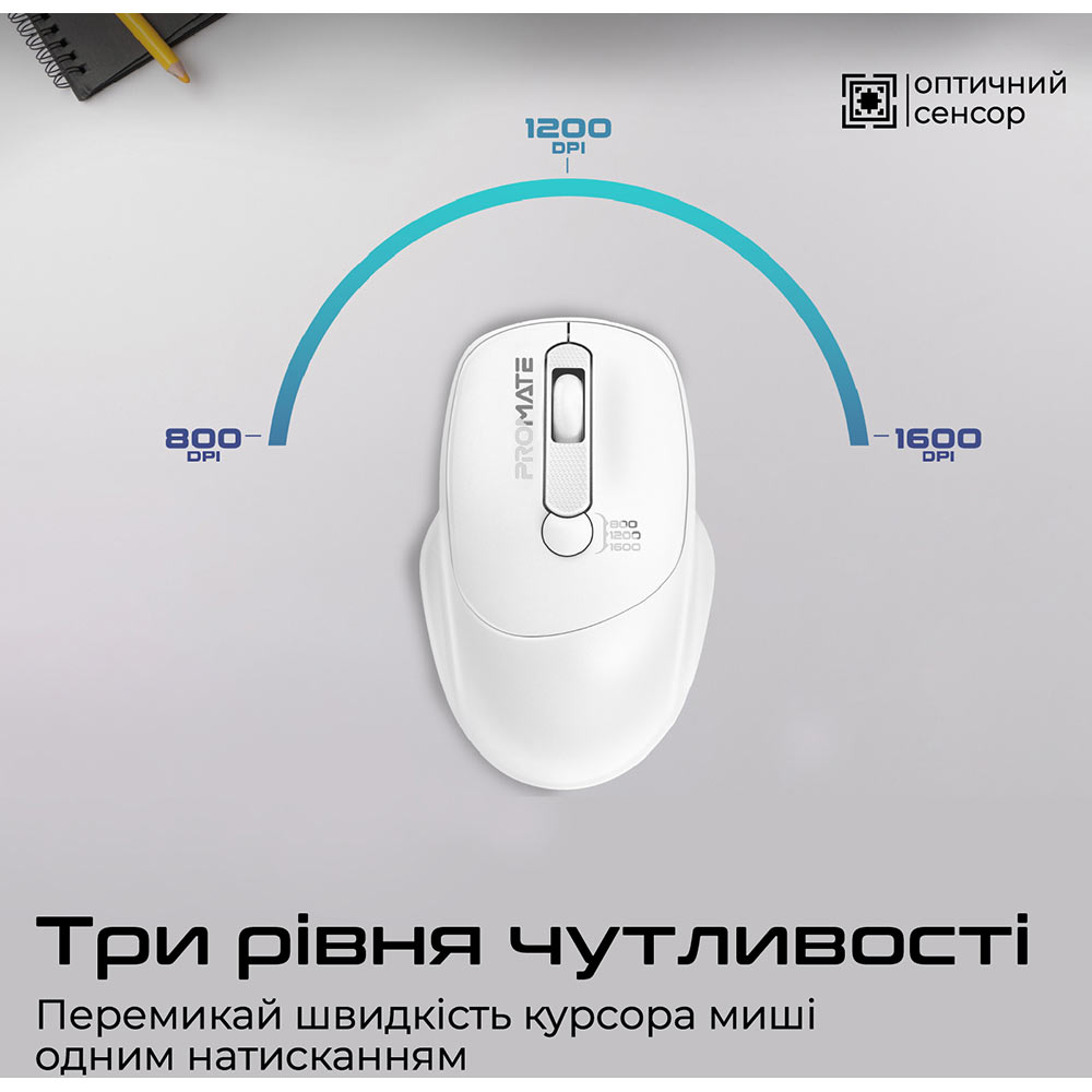 Миша PROMATE Uniglide Wireless White (uniglide.white) Бездротове підключення RF