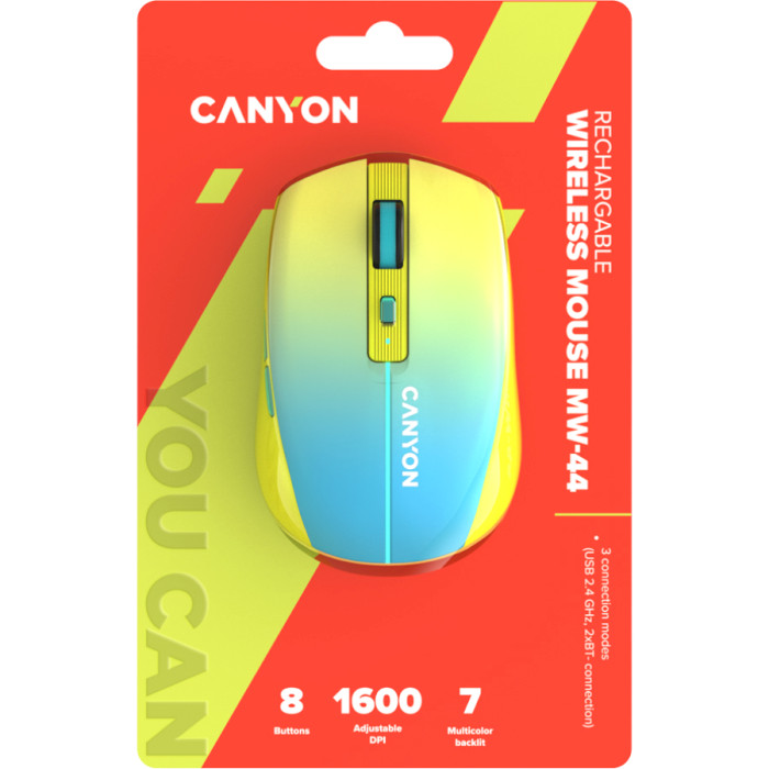 Зовнішній вигляд Миша CANYON MW-44 LED BT/Wireless Rechar Yellow Blue (CNS-CMSW44UA)