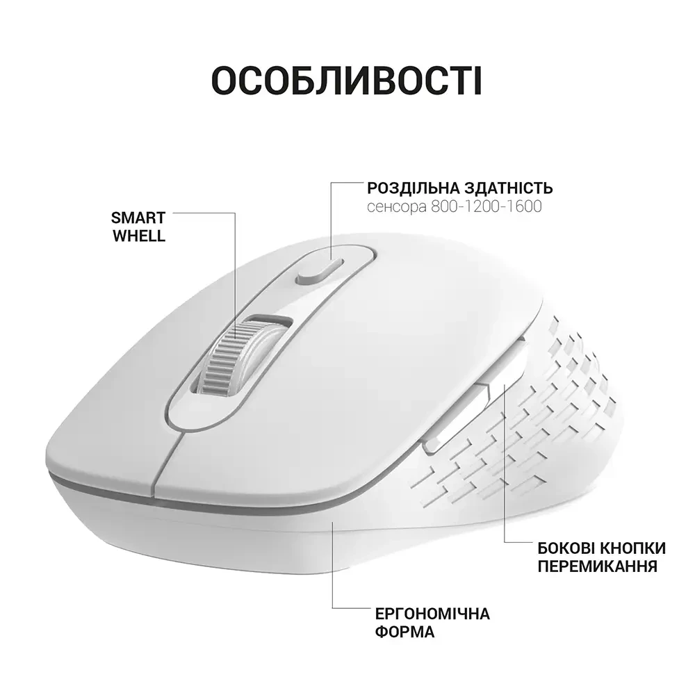 Миша OFFICEPRO M230W Silent Click Wireless White Розподільча здатність сенсору 1600