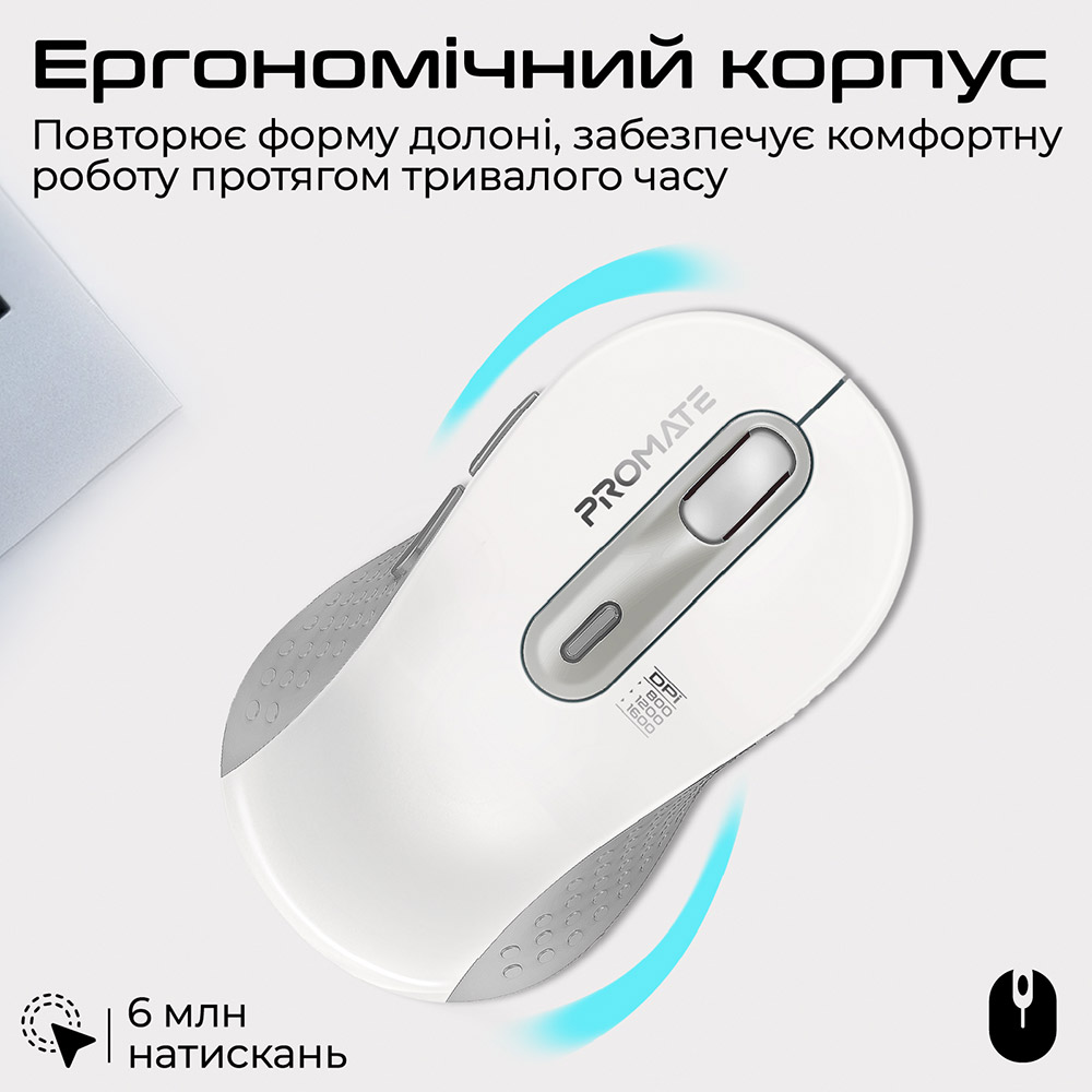 Миша PROMATE Ken White (6959144064345) Тип підключення бездротове