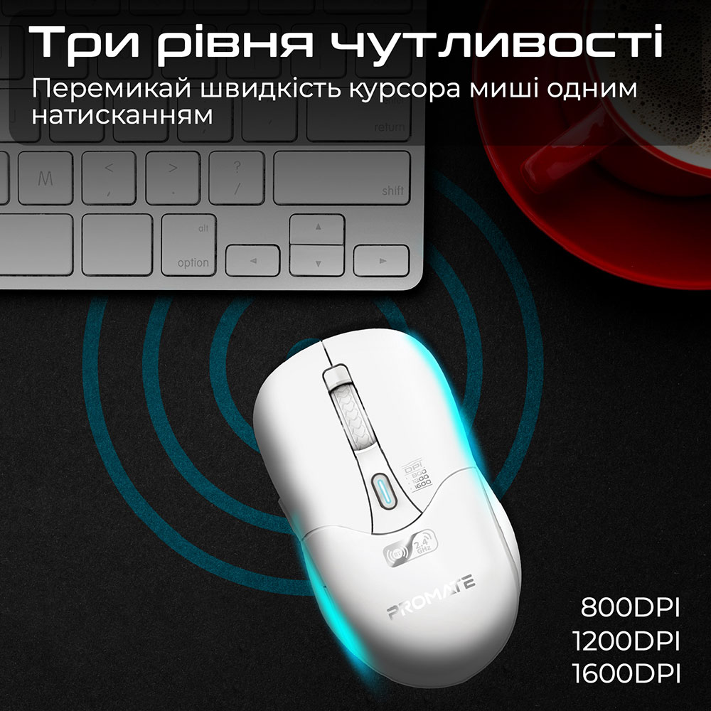 Мышь PROMATE Samo White (6959144064376) Беспроводное подключение Bluetooth + RF