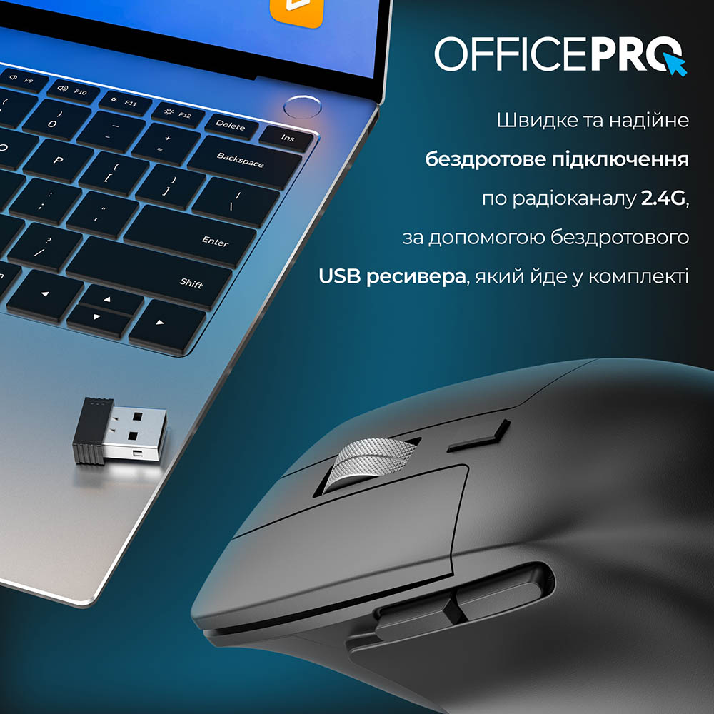 Зовнішній вигляд Миша OFFICEPRO M395B Silent Click Ergonomic Wireless Black (M395B)