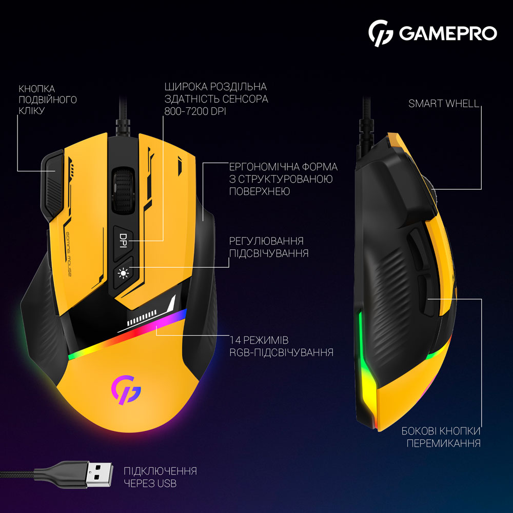 Мышь GAMEPRO GM300Y Yellow Black (GM300Y) Разрешение сенсора 7200