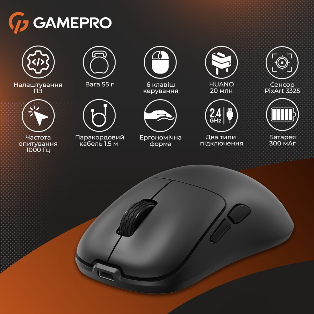 Мышь GAMEPRO GM990B 2.4G Black Разрешение сенсора 10000