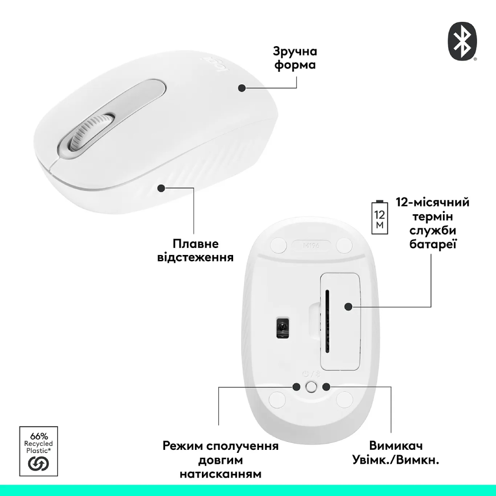 Миша LOGITECH M196 Bluetooth Off White (L910-007460) Тип підключення бездротове