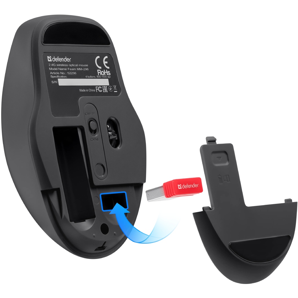 Мышь DEFENDER Feam MM-296 Black (52296) Комплектация мышь, USB-приемник, инструкция