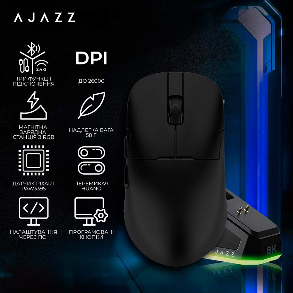 Миша AJAZZ AJ159 Pro Wireless Black (AJ159-PRO-B) Бездротове підключення Bluetooth + RF