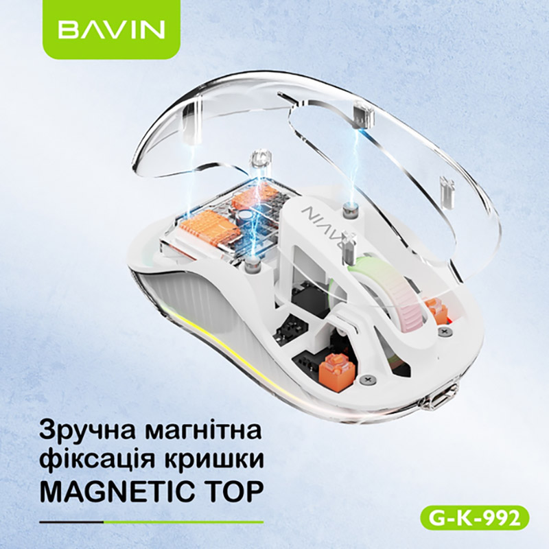 Миша BAVIN G-K-992 RGB Wireless 2.4G Plug-and-play DPI Bluetooth 5.1 White (G-K-992-WH) Тип сенсора оптичний