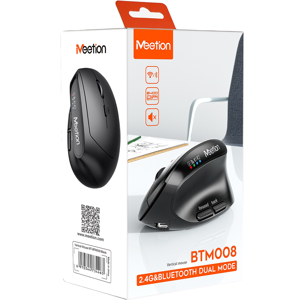 Мышь MEETION Black (MT-BTM008-A) Дополнительно емкость аккумулятора: 500 мАч; время зарядки: 2 часа; время работы: 400 часов; интерфейс зарядки: Type-C