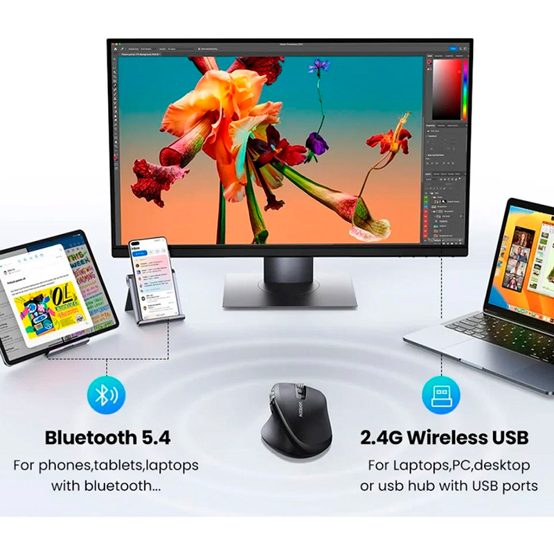 Мышь UGREEN M751 Ergonomic Contoured-Shape Black (45792) Беспроводное подключение Bluetooth + RF