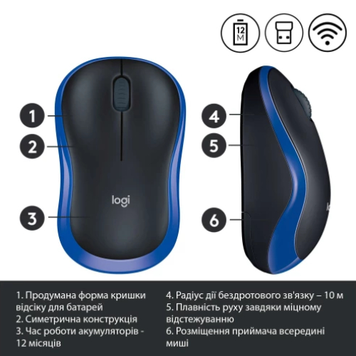 Мышь LOGITECH M185 BLUE - EWR2 (910-002236) Тип сенсора оптический
