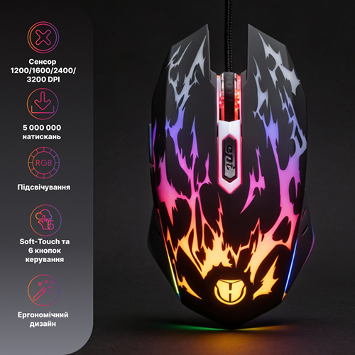 Мышь HOLMER M-01GS Black/Silver Дополнительно Покрытие Soft-Touch; прорезиненное колесо прокрутки; частота опроса: 125 Гц/сек; частота обновления: 4000 fps; максимальная скорость отслеживания: 30 ips; ресурс колеса прокрутки: 300 000 оборотов; ресурс клавиш: 5000000 нажатий.