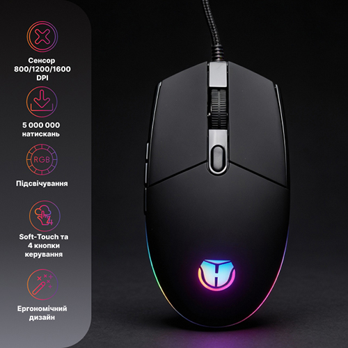 Мышь HOLMER M-02GS Black/Silver Дополнительно Покрытие Soft-Touch; прорезиненное колесо прокрутки; частота отклика: 125 Гц; частота обновления: 3000 fps; максимальная скорость отслеживания: 30 ips; ресурс колеса прокрутки: 300 000 оборотов; ресурс клавиш: 5000000 нажатий