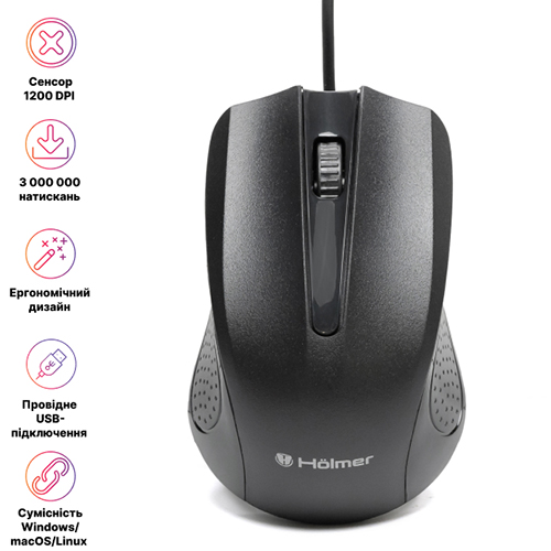 Миша HOLMER M-02OF Black Додатково Ресурс клавіш: 3000000 натискань; сумісна із стандартом USB версій: 1.1, 2.0, 3.0; сумісна з операційними системами: Мас/Linux/DOS, Windows 7/8/10/11 та новішими.
