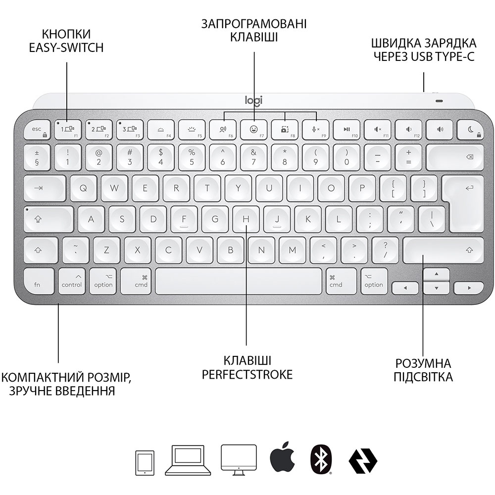 Замовити Клавіатура Logitech MX Keys Mini для Mac Wireless Illuminated Pale Grey (920-010526)