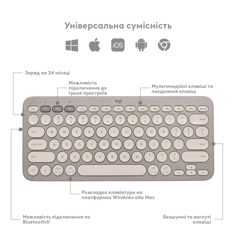 Внешний вид Клавиатура LOGITECH K380 MULTI-DEVICE US Sand (920-011165)