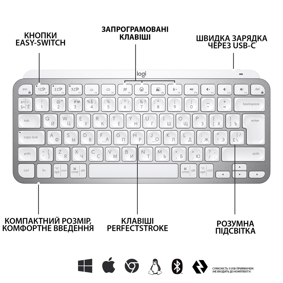 В Україні Клавіатура LOGITECH MX Keys Mini Minimalist Wireless US Pale Grey (920-010499)