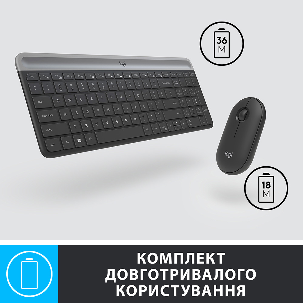 Комплект LOGITECH MK470 Slim Wireless Combo UA Graphite (920-009204) Підключення бездротове