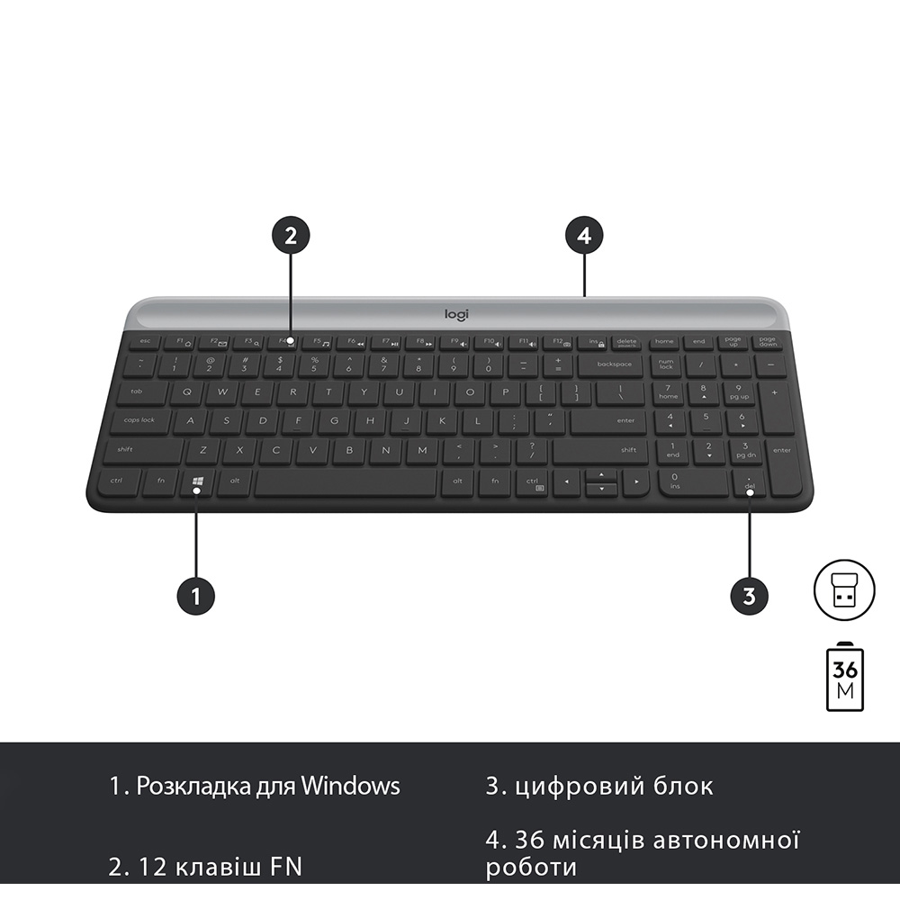 Зовнішній вигляд Комплект LOGITECH MK470 Slim Wireless Combo UA Graphite (920-009204)