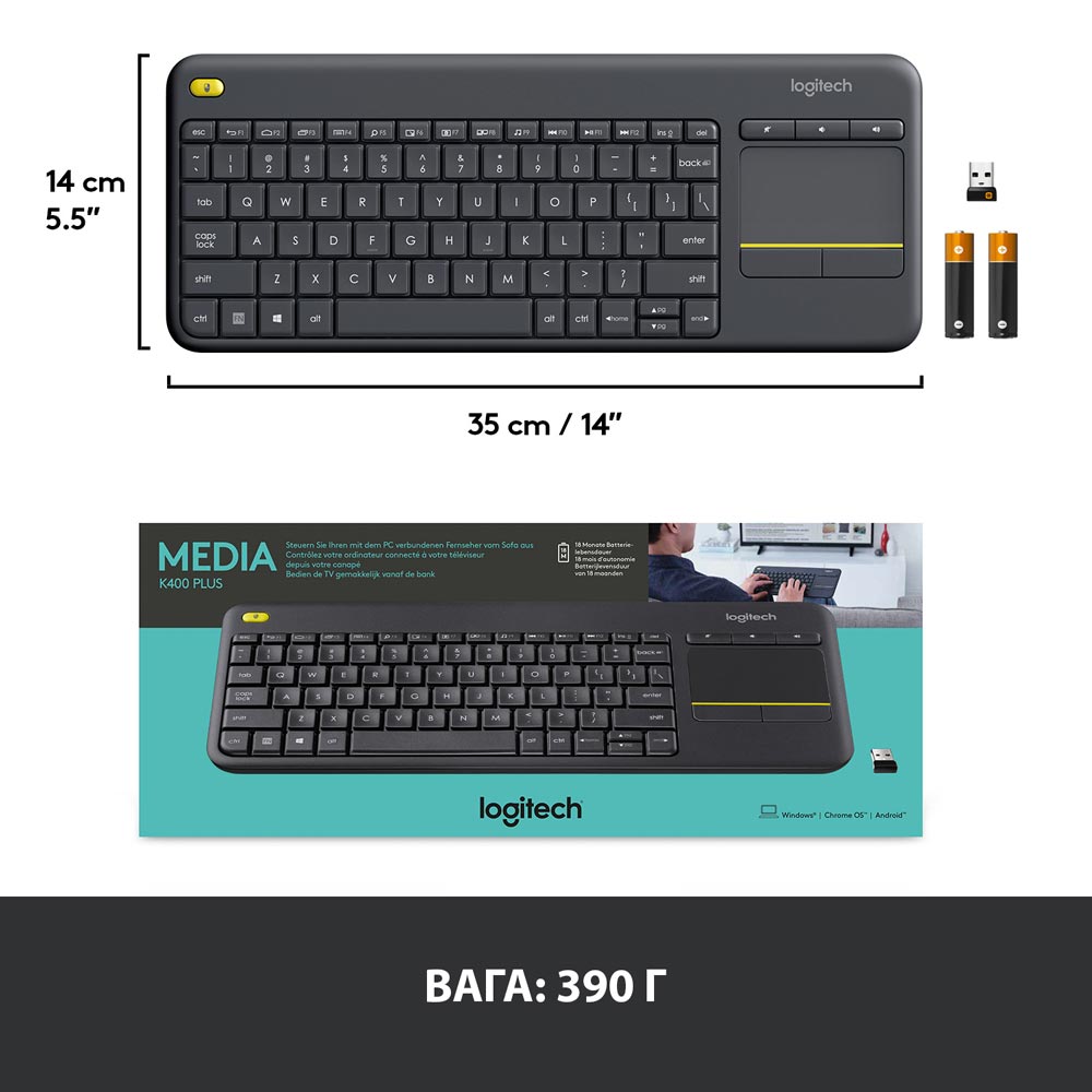 Заказать Клавиатура Logitech Touch K400 Plus Wireless US Black (920-007145)