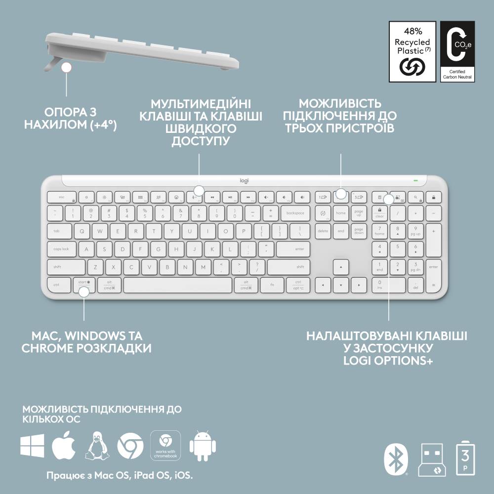 Клавиатура LOGITECH Signature Slim Wireless K950 Off White (920-012466) Конструкция мембранная