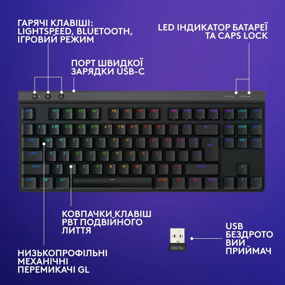 Фото Клавиатура LOGITECH G515 LIGHTSPEED TKL Wireless Gaming Black (920-012538)