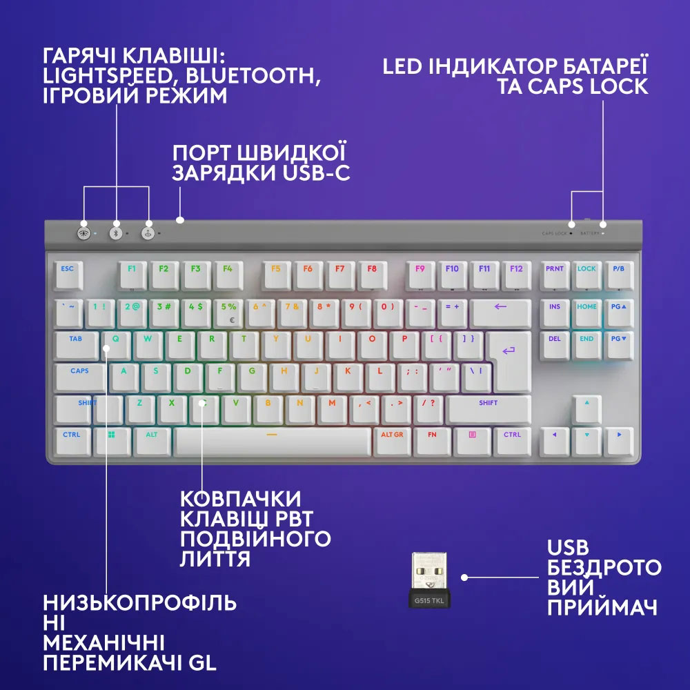 Фото Клавиатура LOGITECH G515 LIGHTSPEED TKL Wireless Gaming White (920-012539)