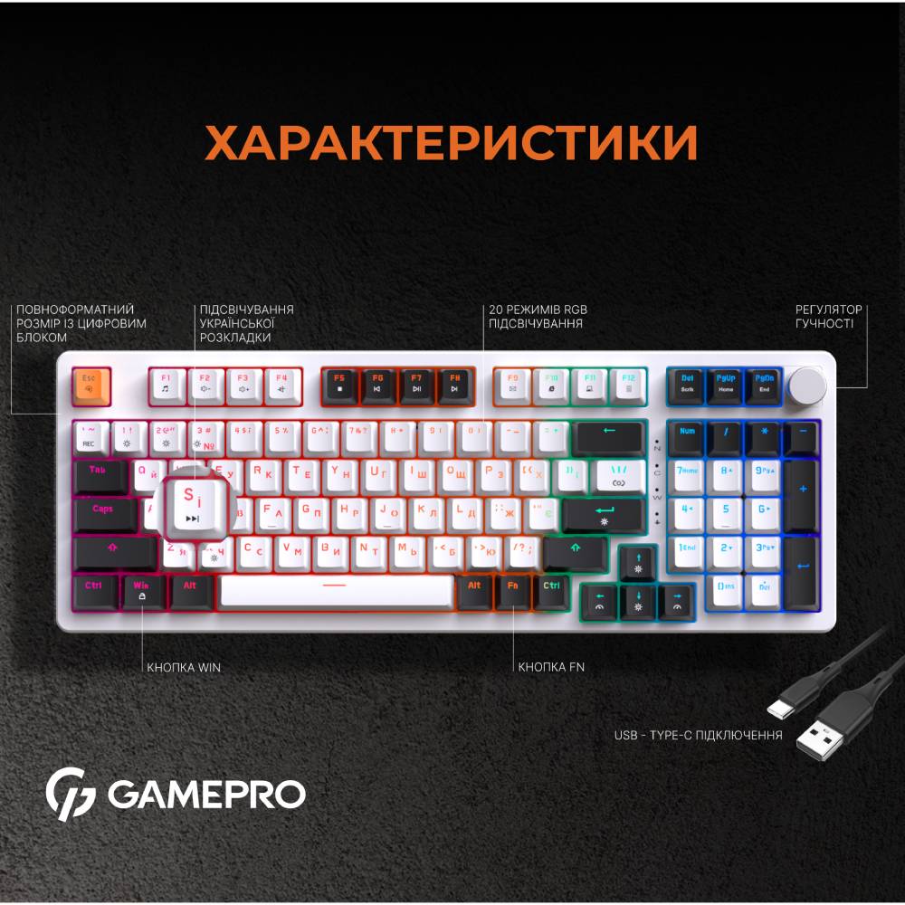 Изображение Клавиатура GamePro MK170W Hot-Swap Red Swich RGB White (MK170W)