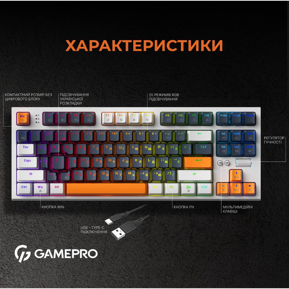 Зображення Клавіатура GamePro MK180W Hot-Swap Red Swich RGB White (MK180W)