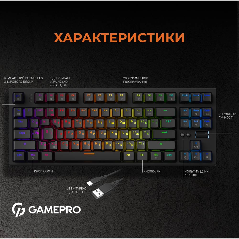 Зображення Клавіатура GamePro MK180B Hot-Swap Red Swich RGB Black (MK180B)