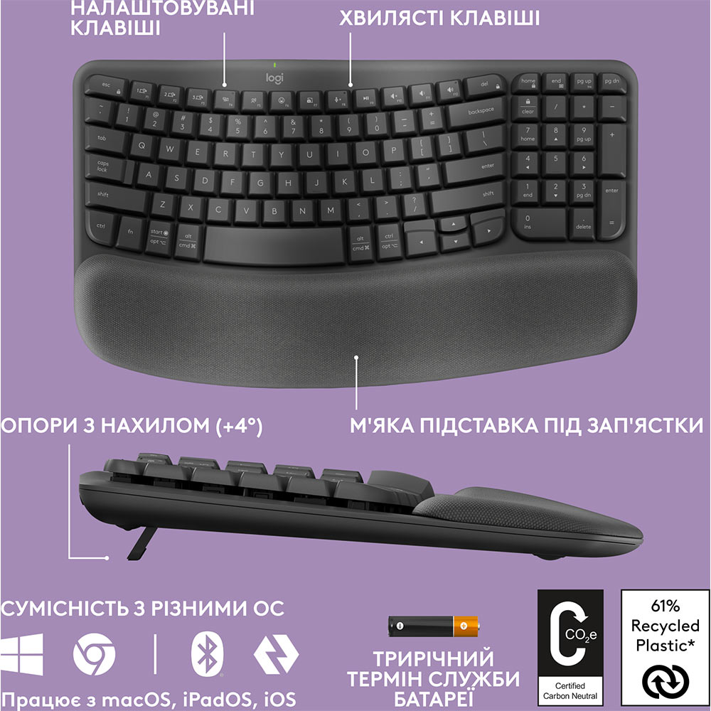 Зовнішній вигляд Клавіатура LOGITECH Wave Keys Bluetooth/Wireless Black (920-012304)