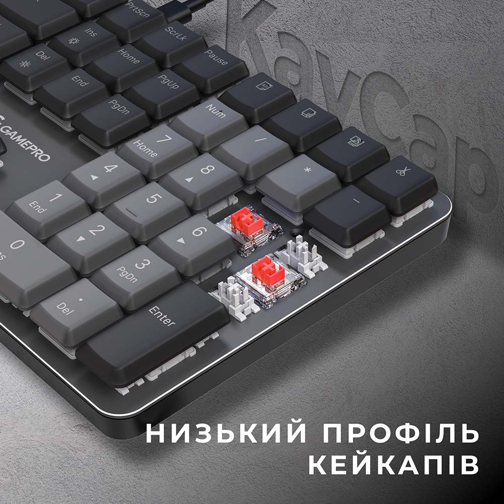 Зовнішній вигляд Клавіатура GAMEPRO MK145R Red Swich Low Profile Dark Gray