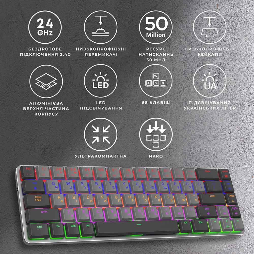 Клавиатура GAMEPRO MK122R Red Swich Low Profile Wireless Dark Gray (MK122R) Подключение беспроводное