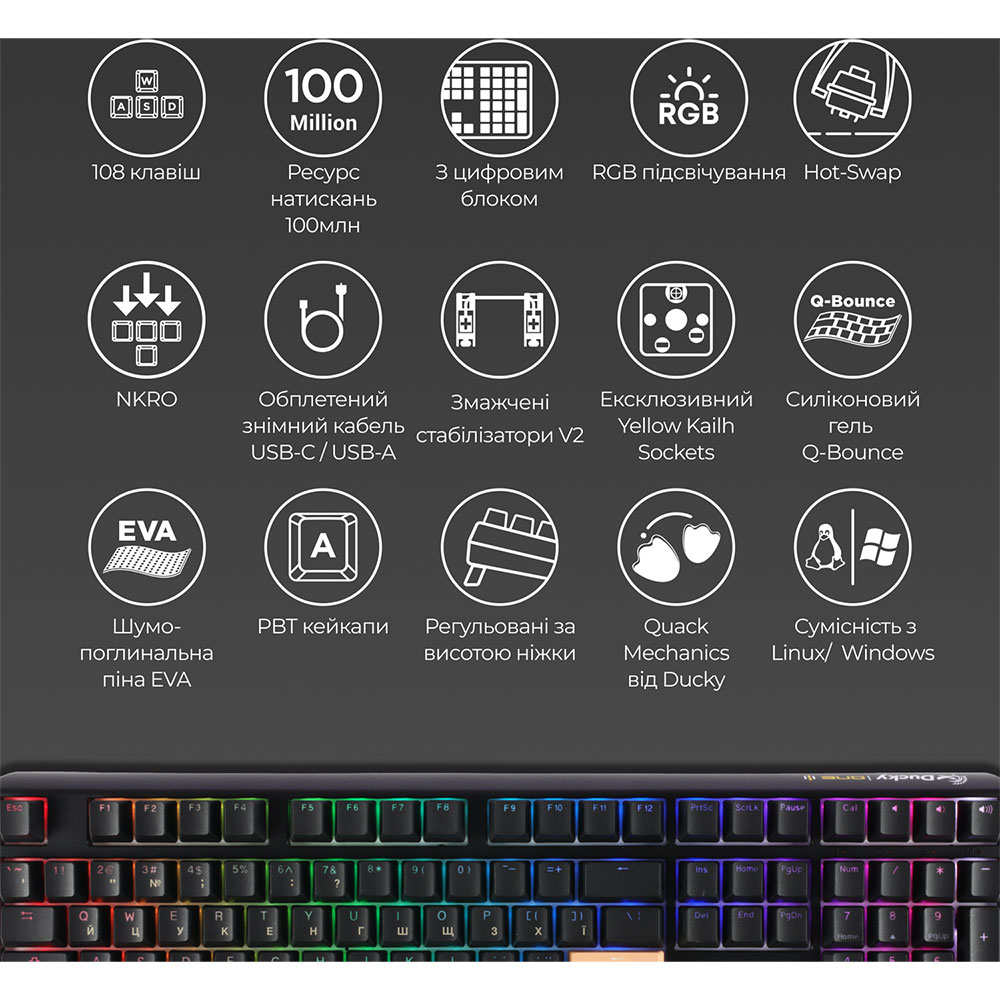 Клавиатура DUCKY One 3 Cherry MX Speed Silver RGB Black UA (DKON2108ST-PUAPXCLAWSC1) Конструкция механическая